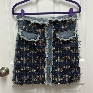 LUXURY BUTTON FRONT FOLDOVER HIGH RISE A-LINE TWEED‎ DENIM MINI SKIRT
